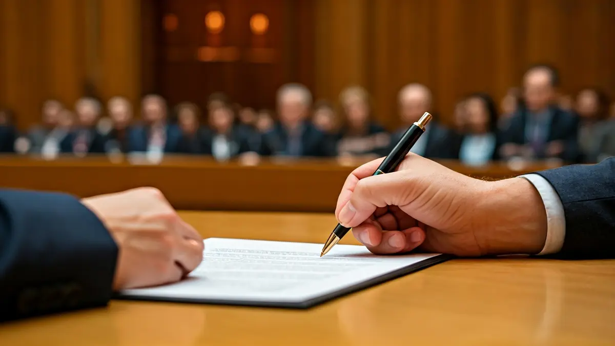 Imagen genérica de unas manos firmando un documento oficial, con un fondo borroso.