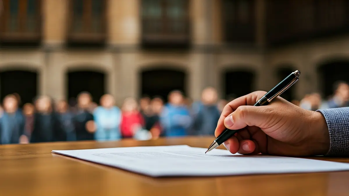 Generic image of a hand signing an official document, representing planning and bureaucratic procedures.