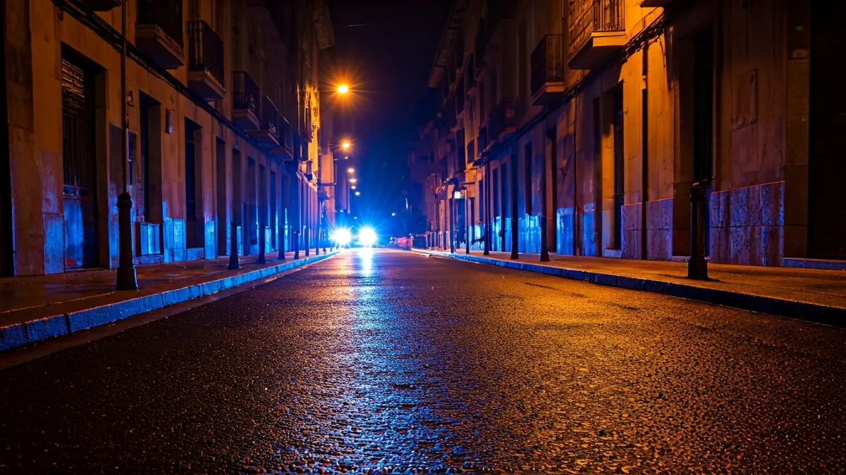 Irudi generikoa: Larrialdi-argiak asfalto hezean islatzen dira gauez, Euskadiko hiri bateko kale estu batean.