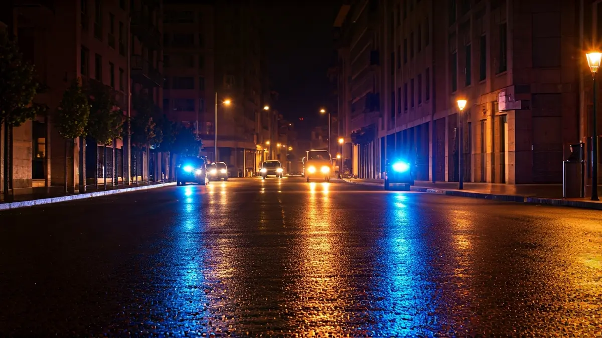 Generic image: Emergency lights reflecting on wet asphalt at night.