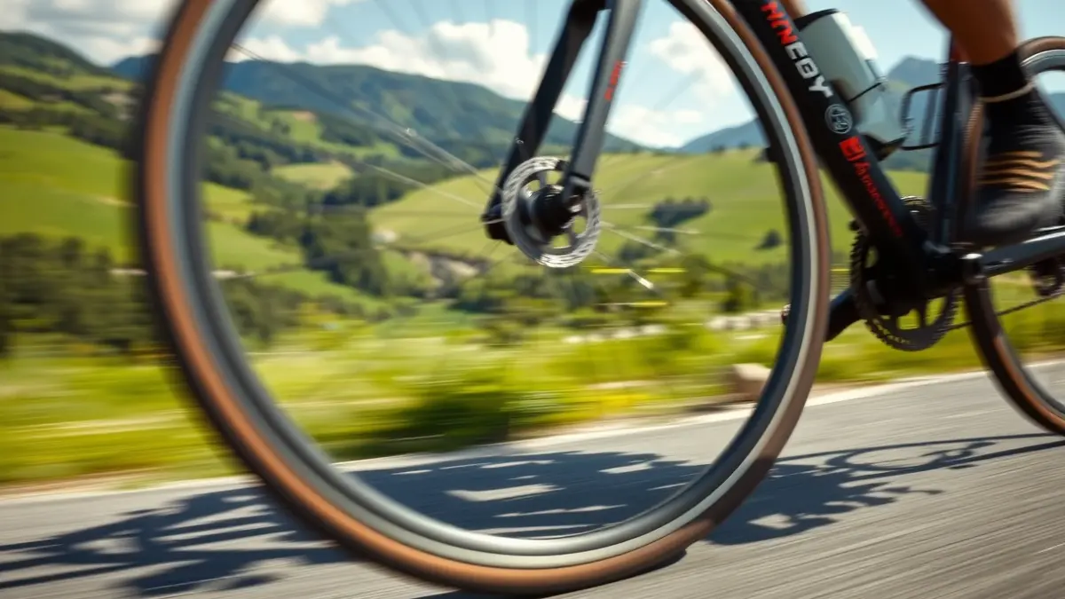 Generic image of a close-up of a road bicycle wheel, with the green landscape of the Basque Country in the background.