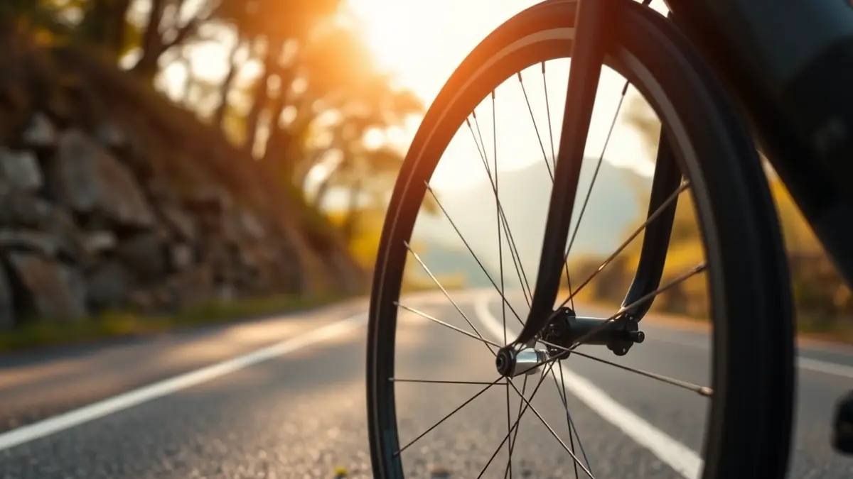Generic image of a bicycle wheel on a Basque Country mountain road.