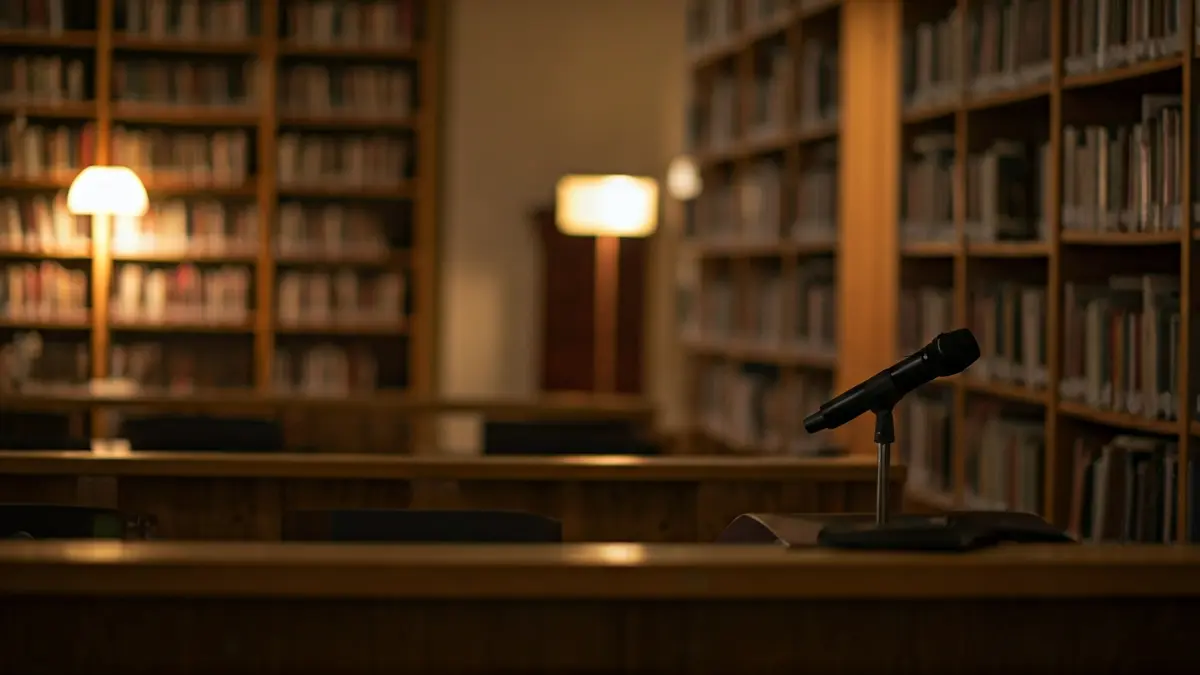 Generic image of a library interior with wooden bookshelves and a microphone.