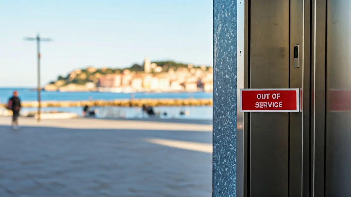 Getxoko Ereaga igogailuaren atea, zerbitzuz kanpo dagoela adierazten duen seinale batekin.