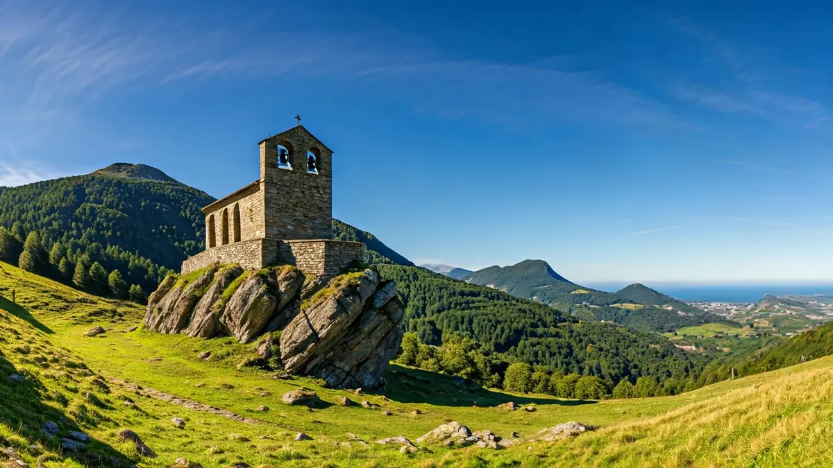 Ereñozar mendiko San Migel baseliza, Bizkaiko paisaia berde batean kokatua.
