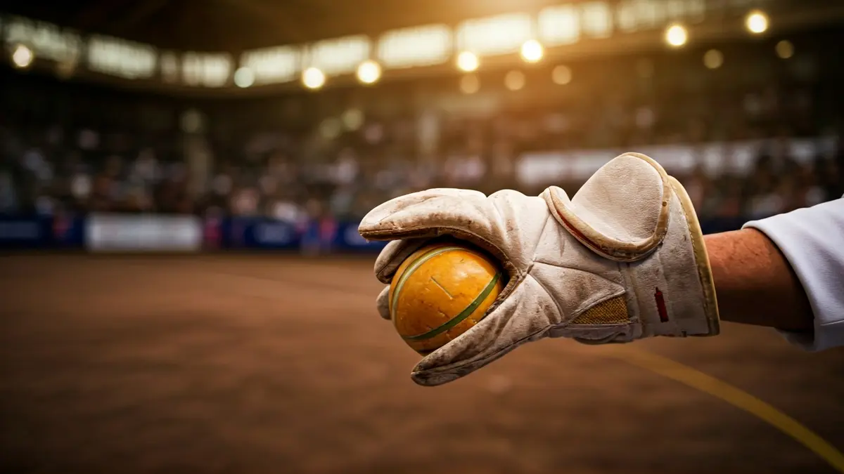 Jai Alai pilota bat eusten duen zesta eskularru baten irudi generikoa, frontoiaren atzealde lausoarekin.