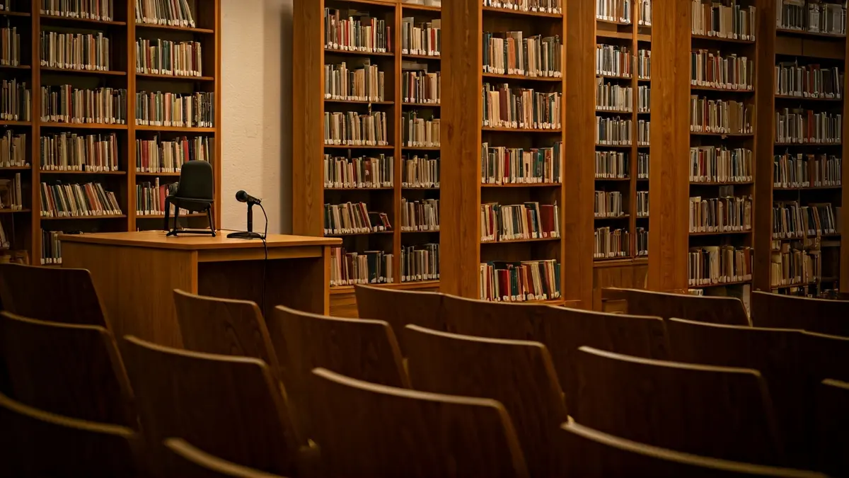 Irudi generikoa liburutegi baten barrualdekoa, mikrofono batekin eta aulki ilarekin.