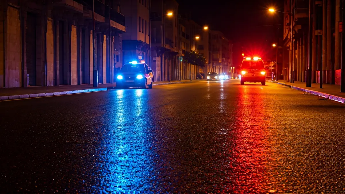 Irudi generikoa: Larrialdi-argi urdin eta gorriak asfalto hezean islatzen dira gauez, Euskadiko hiri-ingurune batean.