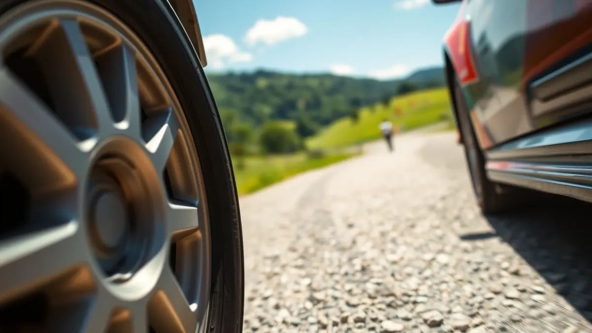 Imagen genérica del neumático de un coche de rally en carretera
