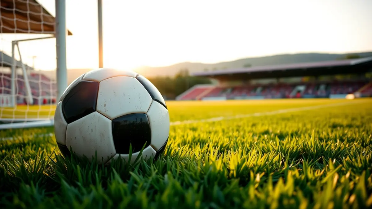 Imagen genérica de un balón de fútbol sobre césped verde, con la portería difuminada al fondo.