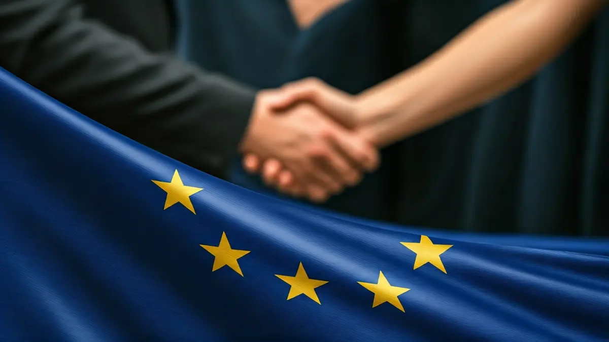 Irudi generikoa: Europar Batasuneko bandera bat astintzen, atzealdean eskuak estutzen, inklusioa eta aniztasuna irudikatuz.