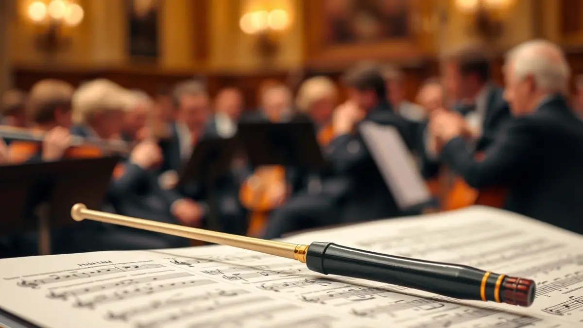 Una batuta de director de orquesta sobre una partitura, con instrumentos orquestales difuminados al fondo.