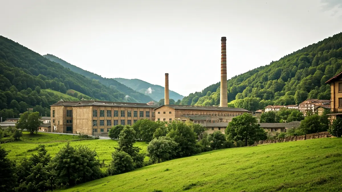 Irudi generikoa XIX. mendeko galleta fabrika baten ilustrazioa, tximiniekin eta industria-arkitekturarekin.