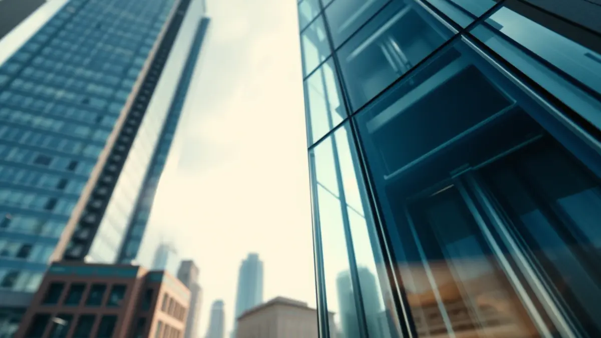 Generic image of a modern urban elevator tower, made of glass and metal.