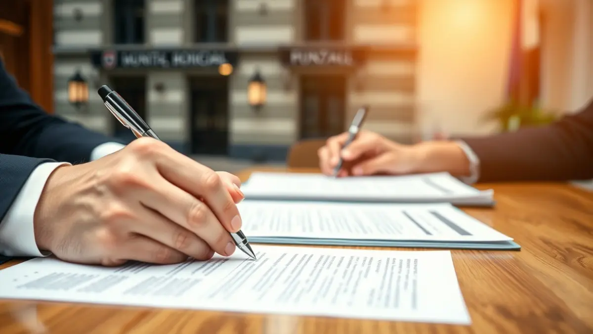 Generic image of hands signing official documents, with a blurred town hall facade in the background.