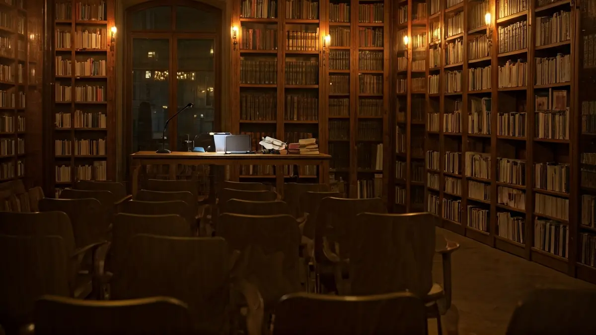 Irudi generikoa liburutegi bateko irakurketa girokoa, mikrofono batekin eta aulki hutsekin.