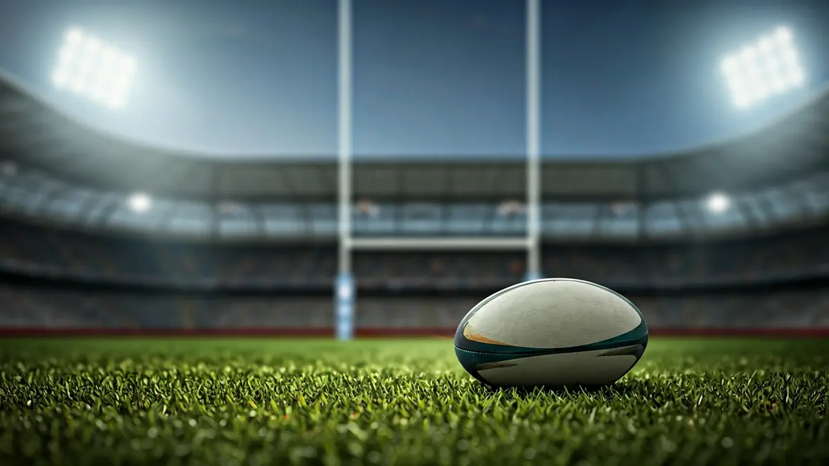Imagen genérica de un balón de rugby sobre césped, con un estadio difuminado al fondo.