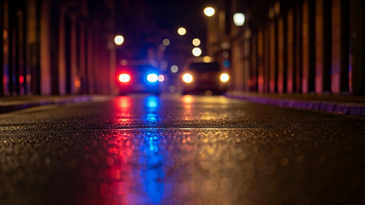 Imagen genérica de luces de emergencia azules y rojas reflejándose en el asfalto mojado de una calle urbana por la noche.