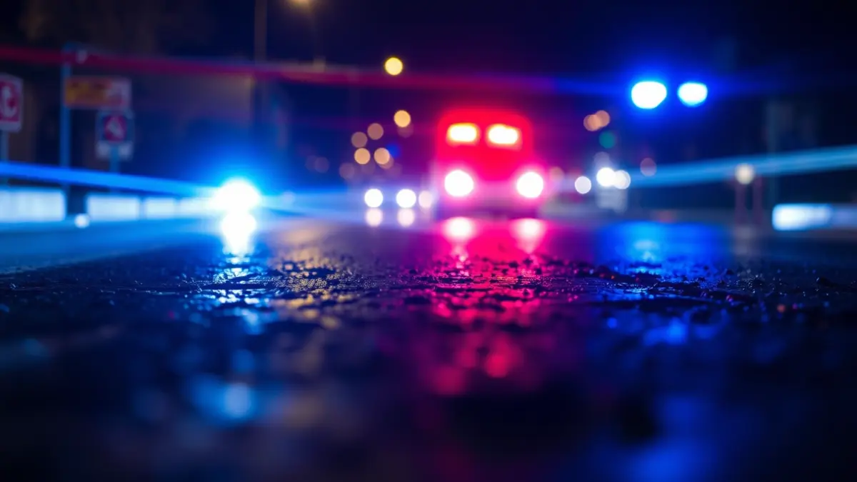 Irudi generikoa: Larrialdi-argiak asfalto hezean islatzen dira gauez, Euskadiko herri txiki batean.