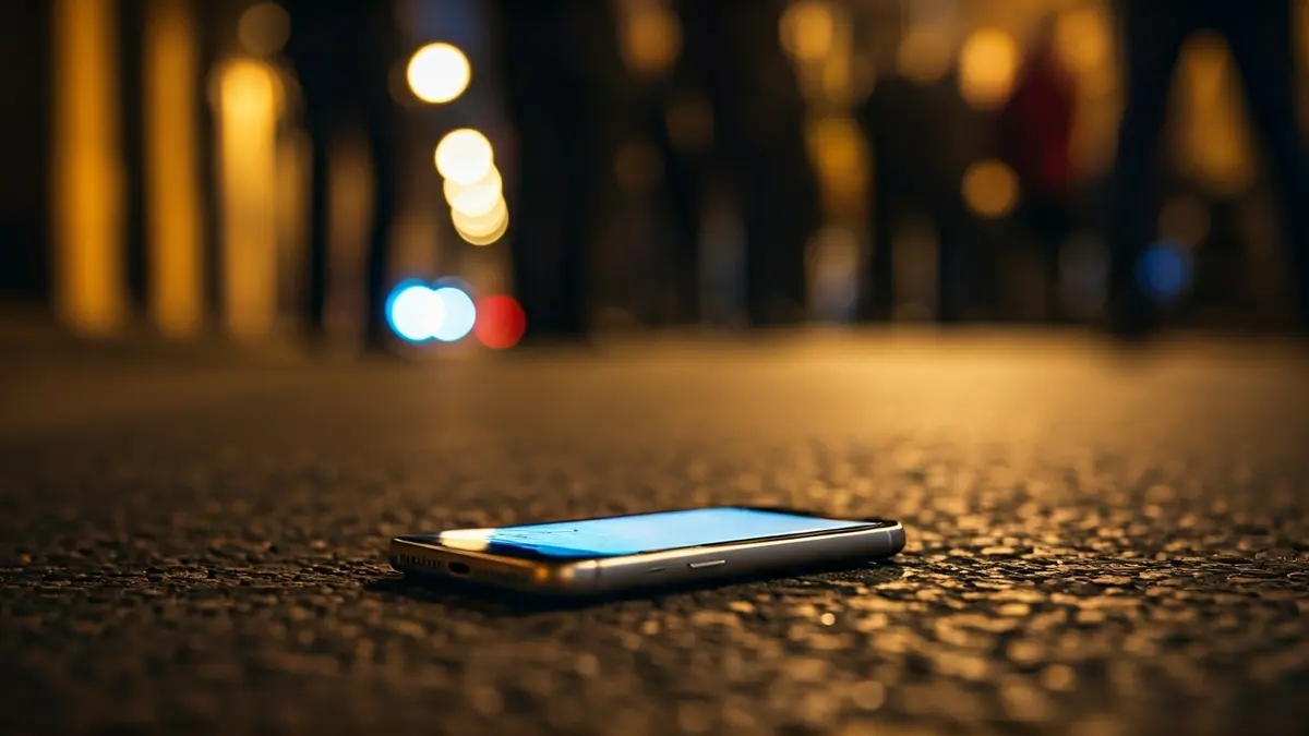 Generic image of a mobile phone on the ground, with blurred night lights.