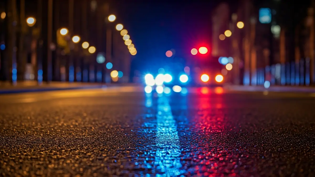 Generic image: Emergency lights reflecting on wet asphalt at night.
