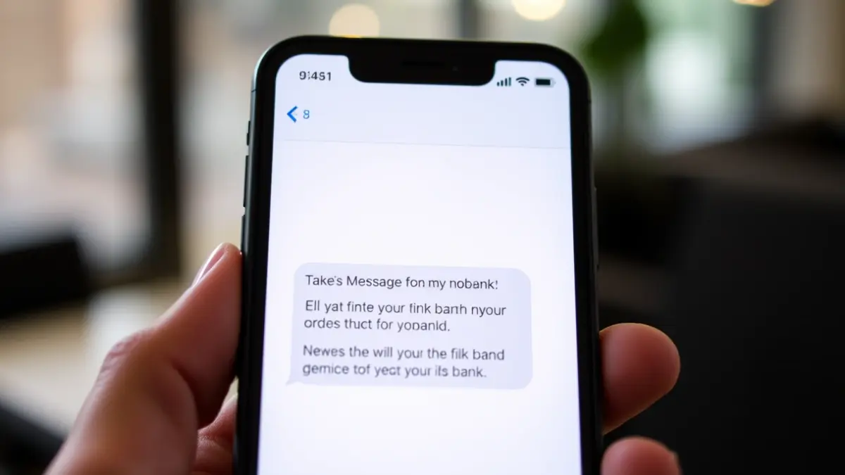 Smartphone screen displaying a fake SMS message from a bank.