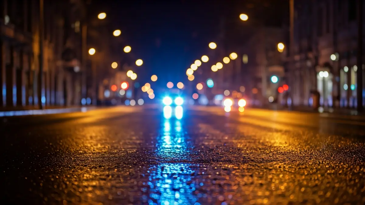 Irudi generikoa, larrialdi-argiak asfalto hezean islatzen direnak.