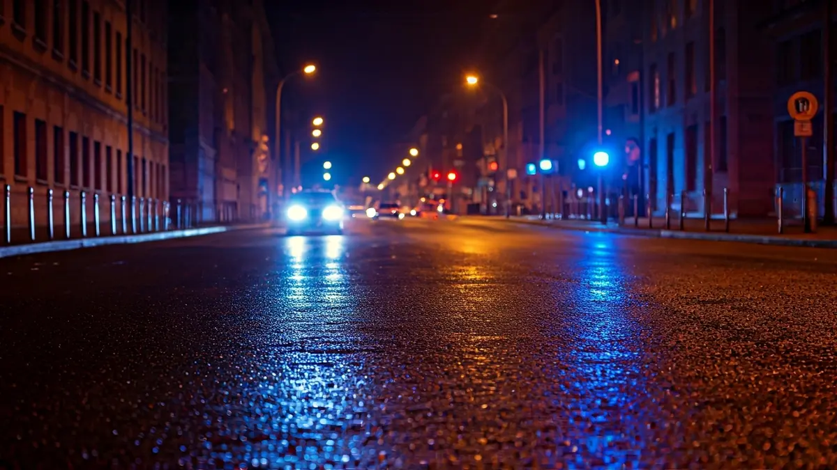 Irudi generikoa, larrialdi-argiak asfalto hezean islatzen direnak.