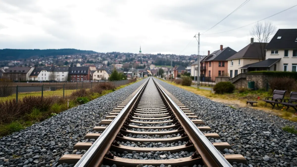 Generic image of a train track with a blurred residential area in the background.