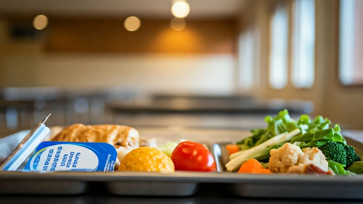 Eskola-jantokiko bazkari-erretilu baten irudi generikoa, elikagai prozesatuekin eta barazki freskoekin.