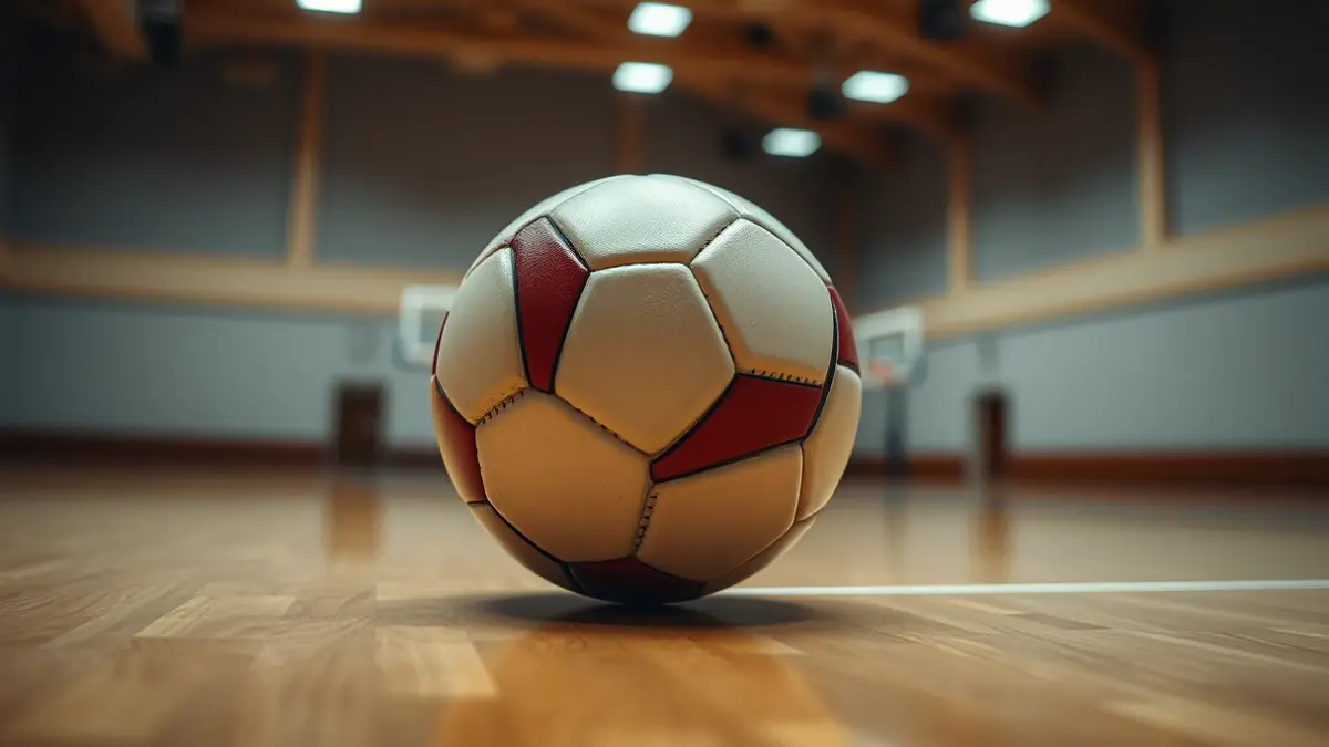 Generic image of a handball on a court with a blurred background.