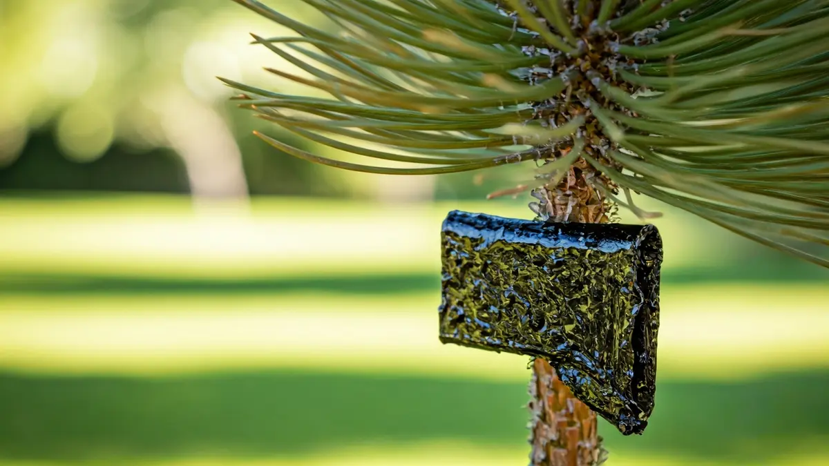 Trap bag against processionary caterpillars on a pine tree trunk, in a garden in Vitoria.