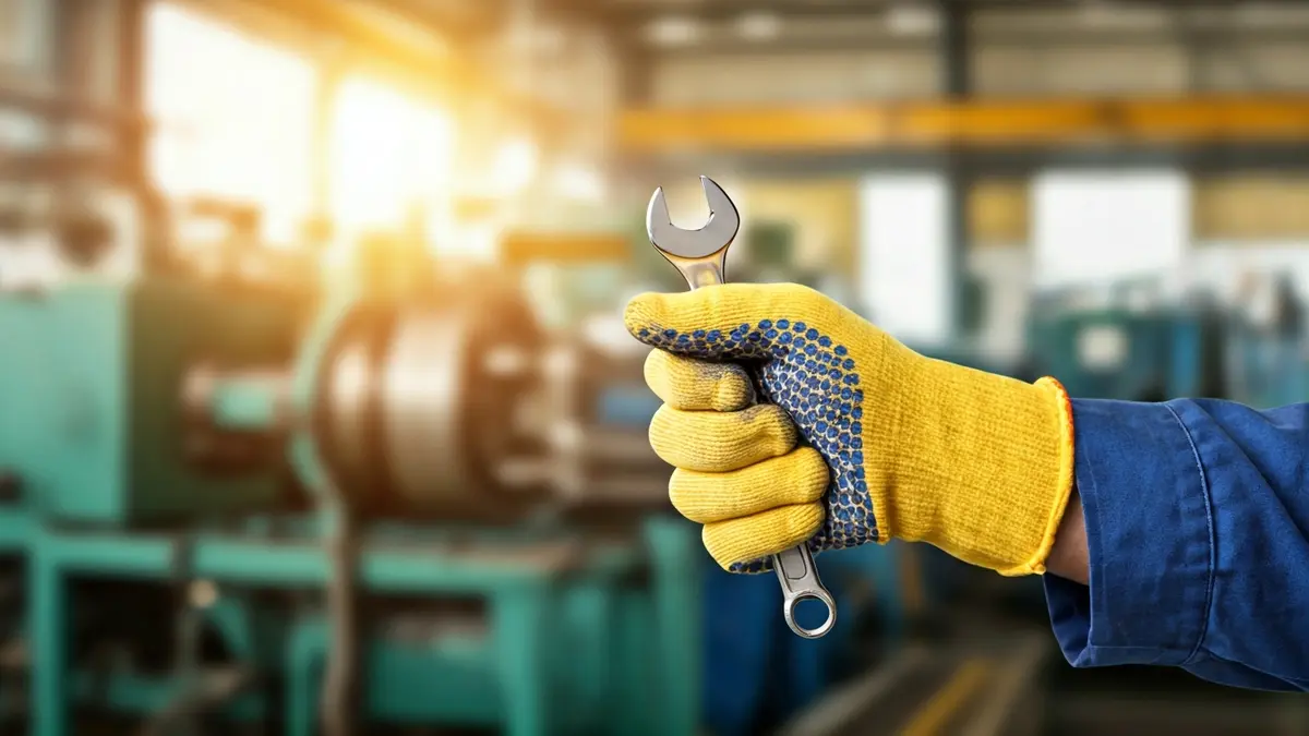 Irudi generikoa langile baten eskuez, giltza bat eusten, lantegi bateko makineria lausoarekin atzealdean.