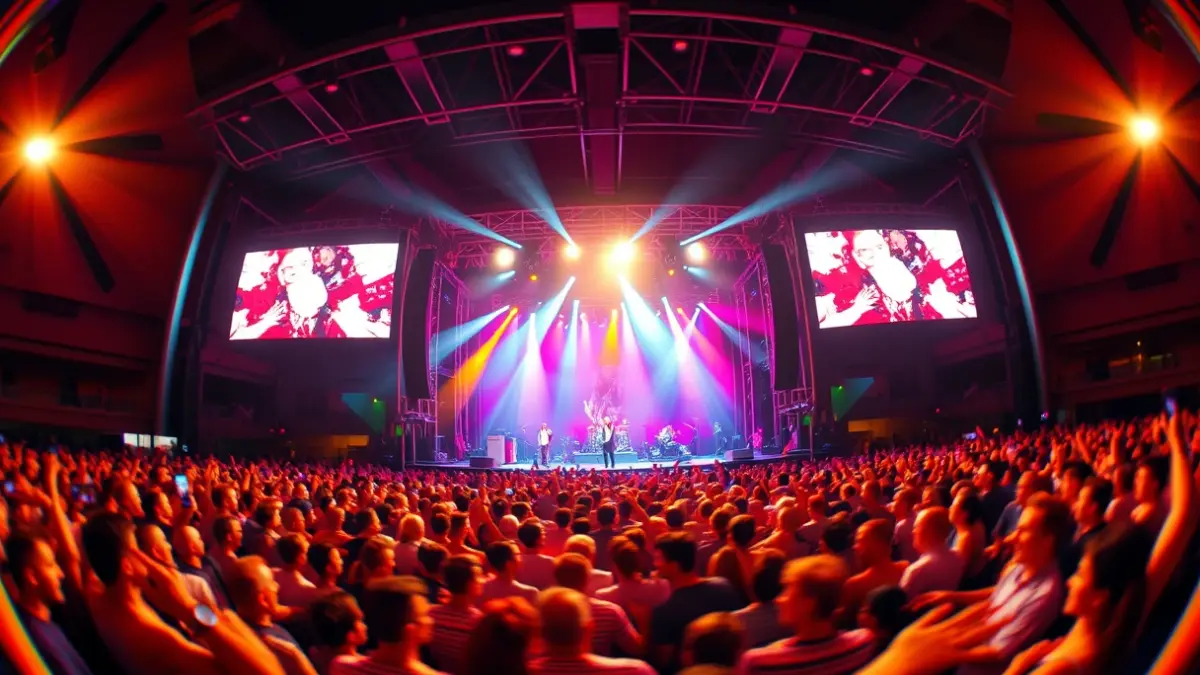 Irudi generikoa kontzertu eszenatoki baten, argi distiratsuekin eta jendearen siluetekin.