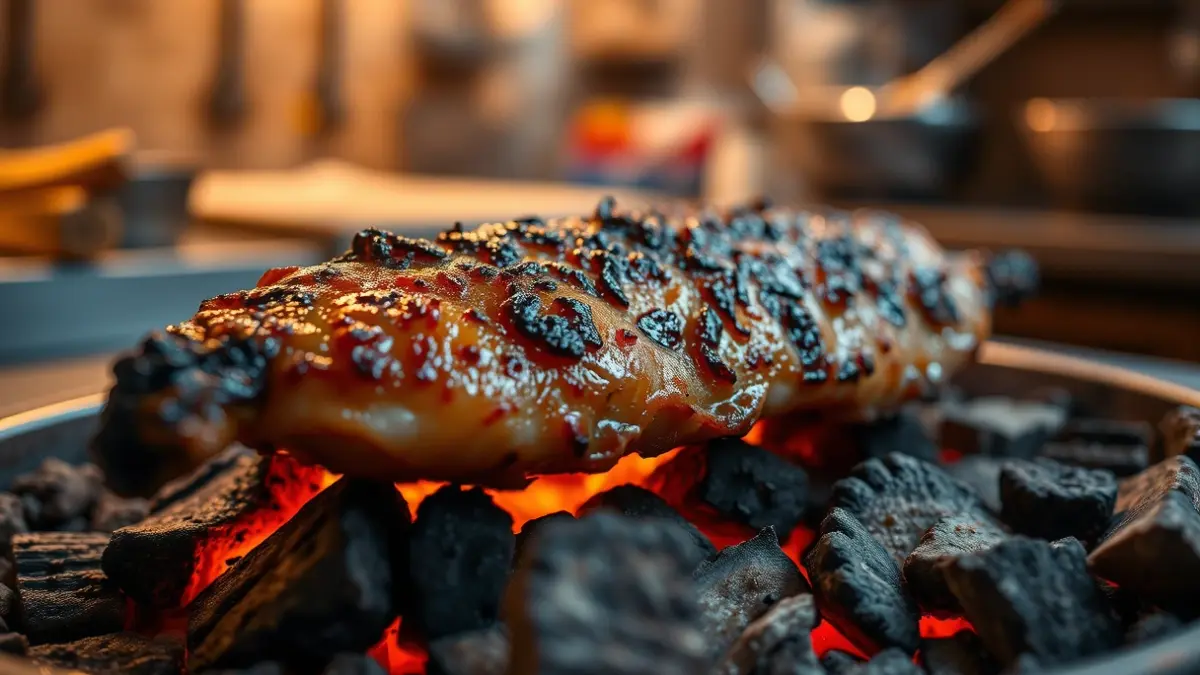 Generic image of a gourmet dish being prepared on a wood-fired grill.