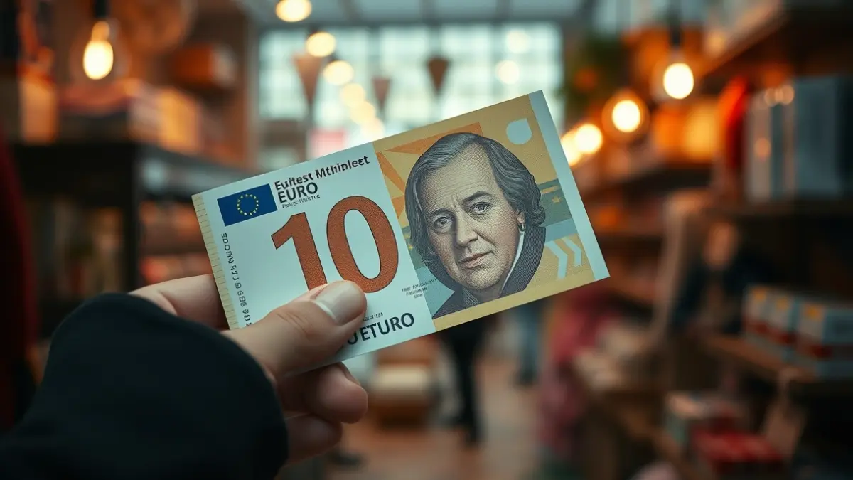 Generic image of a 10 euro banknote in a hand, with a blurred shop interior.