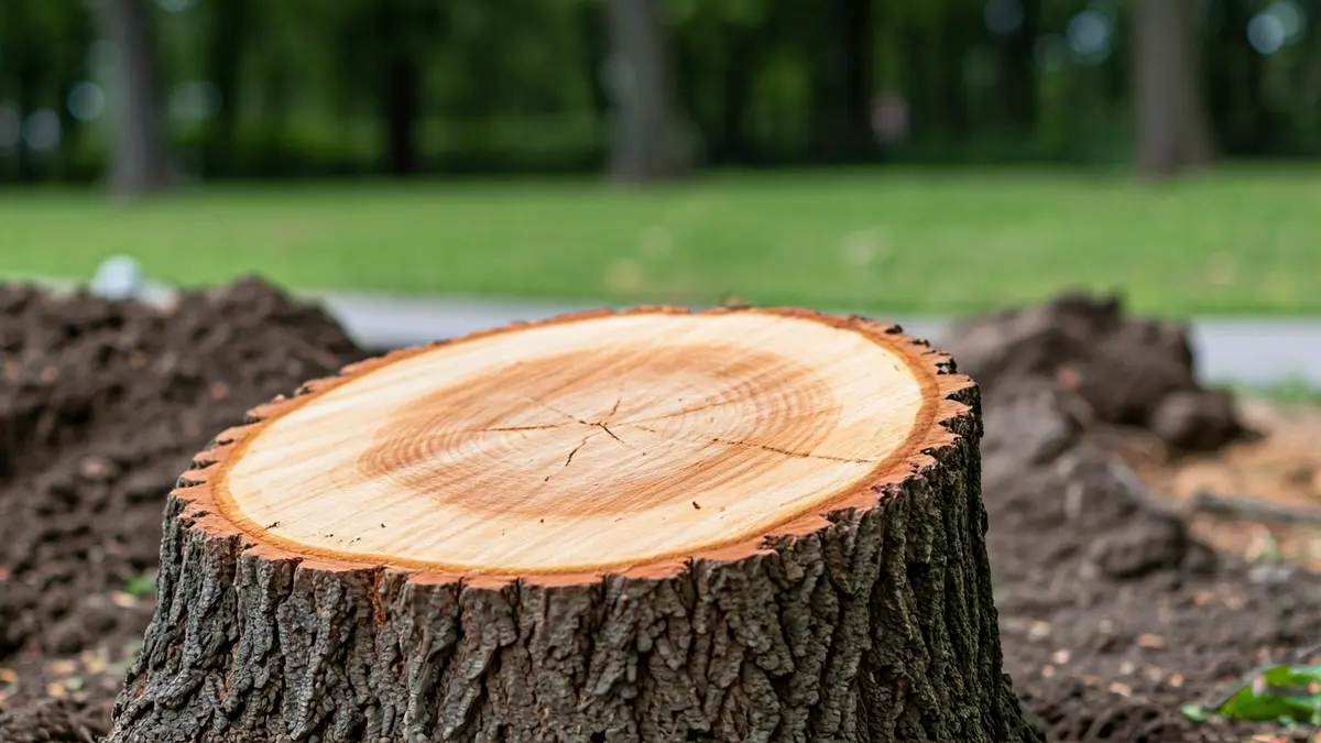 Etxebarriko bidegorriaren obrengatik moztutako zuhaitz-enbor baten irudia.