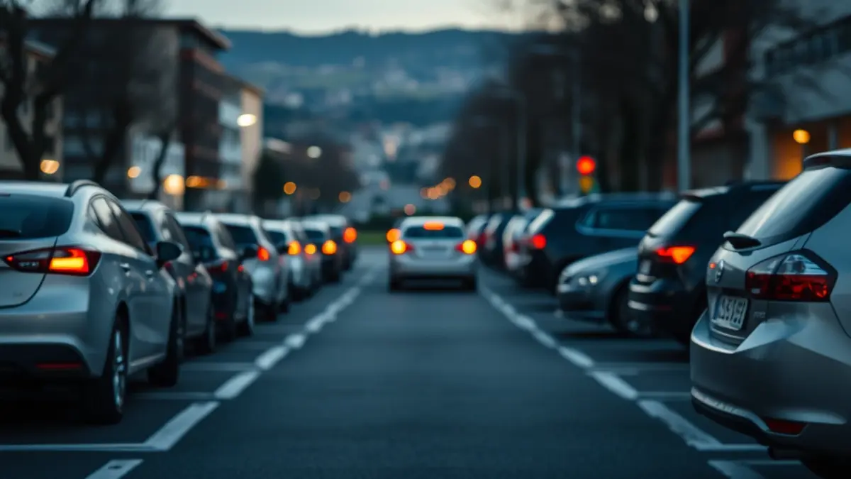 Generic image of a parking lot with cars queuing at dawn.