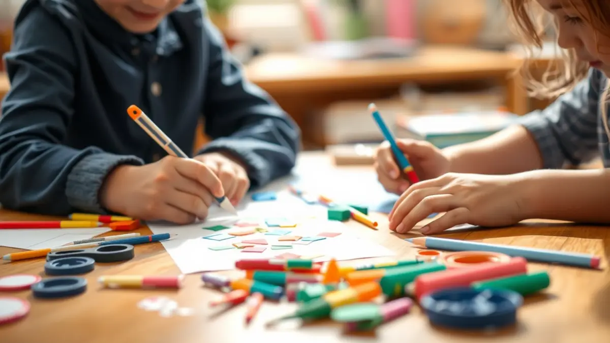 Children's hands doing a craft activity, with colorful paper and art supplies on a table.