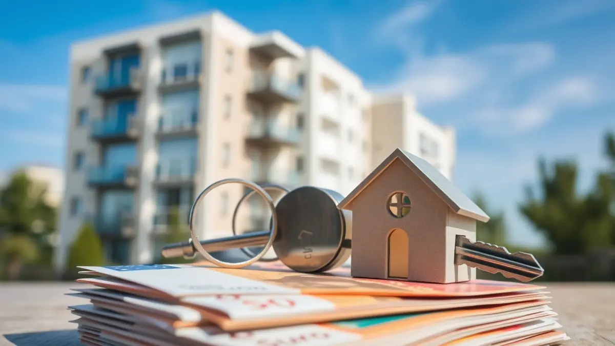 Irudi generikoa: Etxebizitza baten giltza euro billete pilo baten gainean, atzealdean eraikin moderno bat duela.