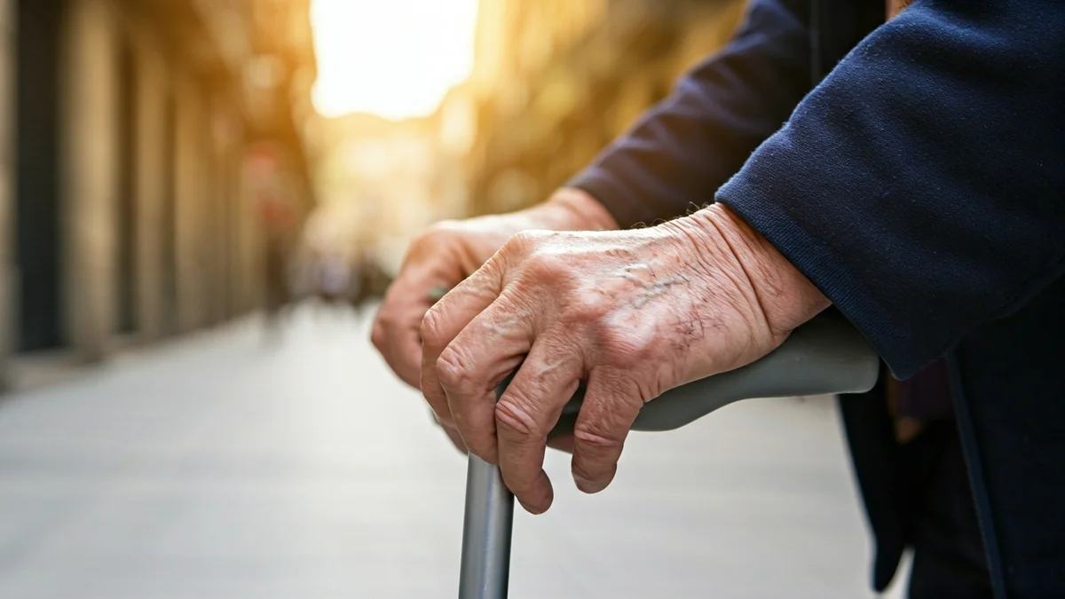 Irudi generikoa, Bilboko kale batean makulu baten gainean eskuak dituen pertsona baten irudia, zailtasunak iradokitzen dituena.