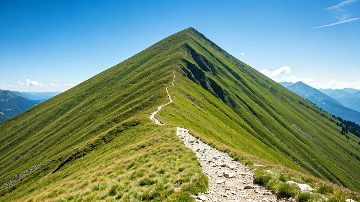 Irudi generikoa Aralar mendilerroko mendi bide batena, gailur harritsu batera doana.