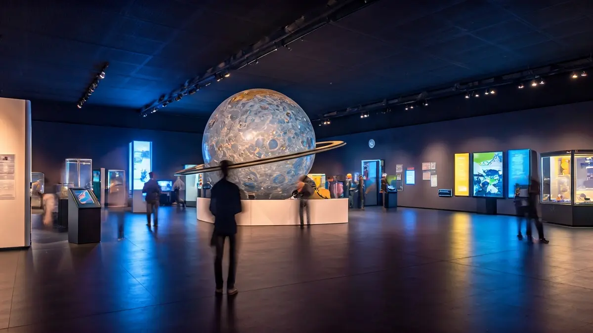 Generic image of the interior of a science museum, with interactive exhibits and a planetarium.