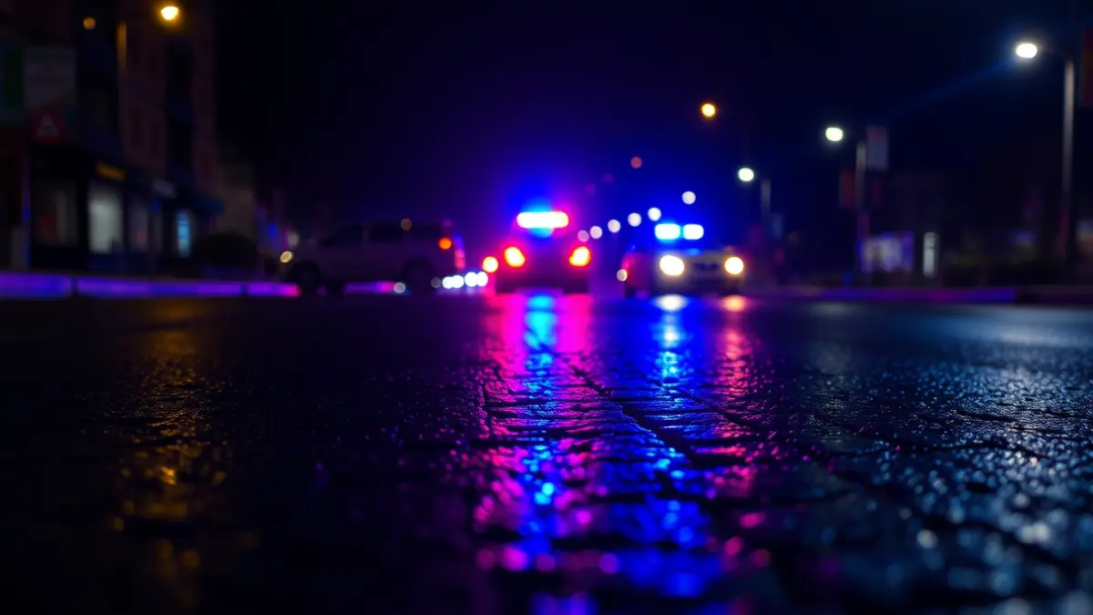 Generic image of emergency lights reflecting on wet asphalt at night.