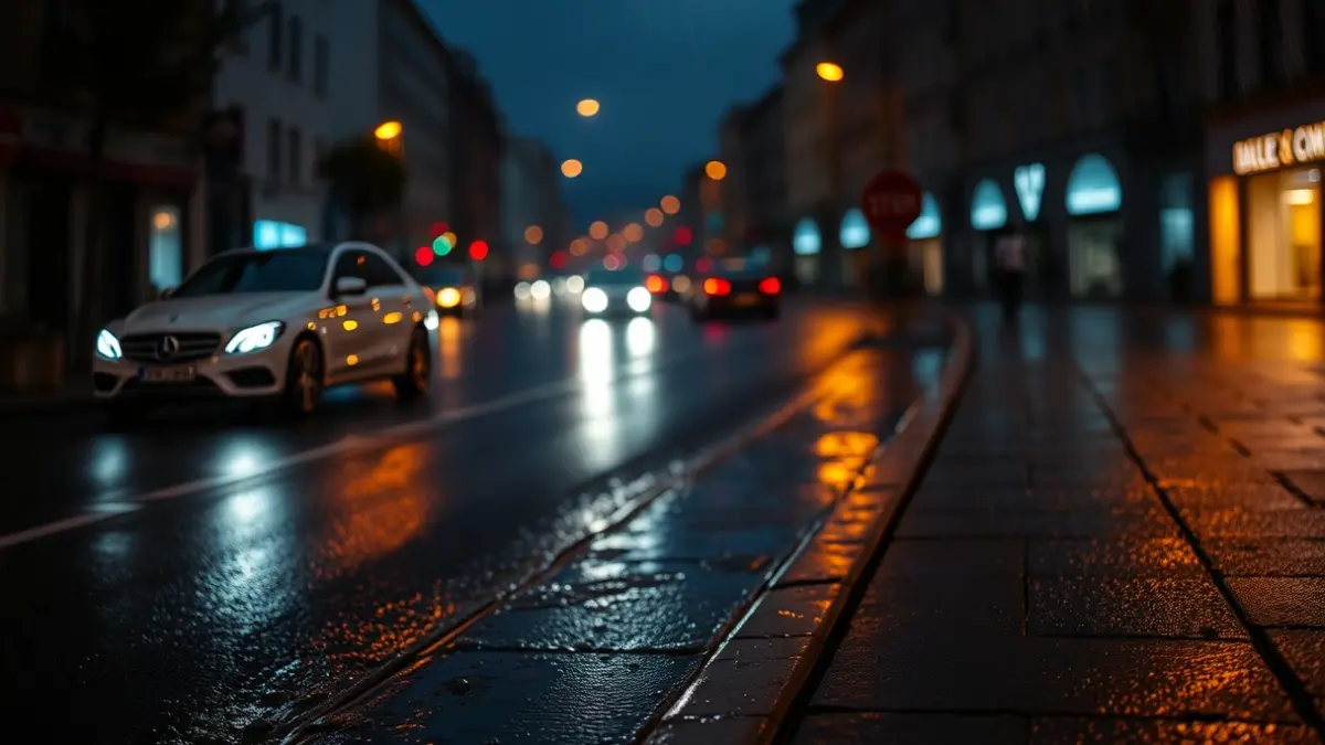 Irudi generikoa euriak bustitako kale batena gauez, argi lausoekin.