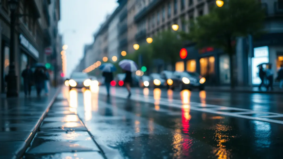 Irudi generikoa: Euriak bustitako kalea, argi lausoak eta aterkidun oinezkoak urrunean.