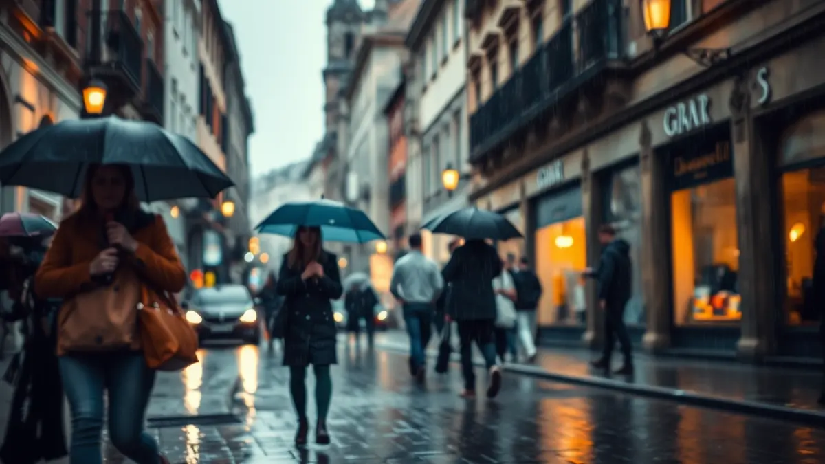 Generic image of a rainy street, people with umbrellas and traditional buildings in the background.