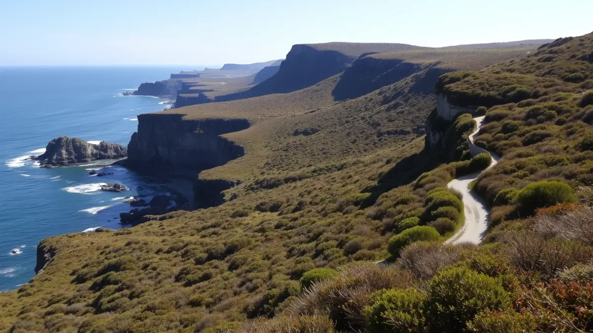 Coastal landscape in Euskadi with cliffs and native vegetation, a path winding along the coastline, under a bright sky, in a natural reserve setting.