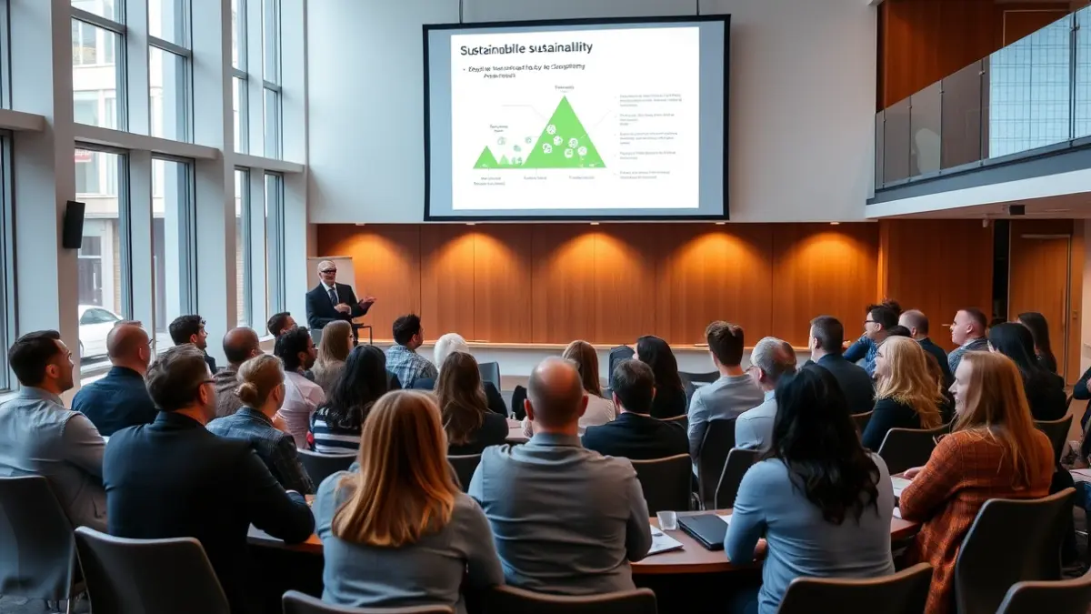 Generic image of a modern conference room with a large screen displaying a presentation on sustainability.