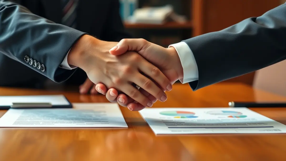 Dos manos estrechándose formalmente, simbolizando un acuerdo de negocios.